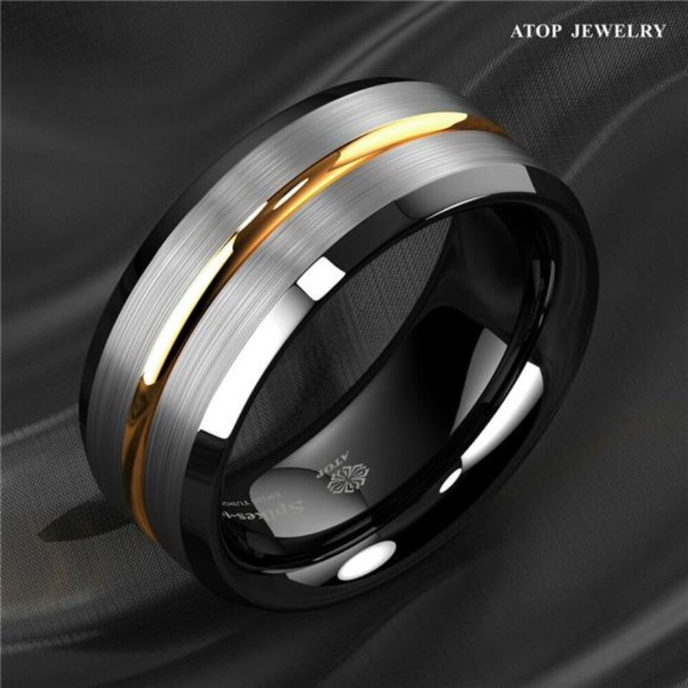 Men's Wedding Band - Silver Brushed Black Edge With Gold Line - Rings View 5